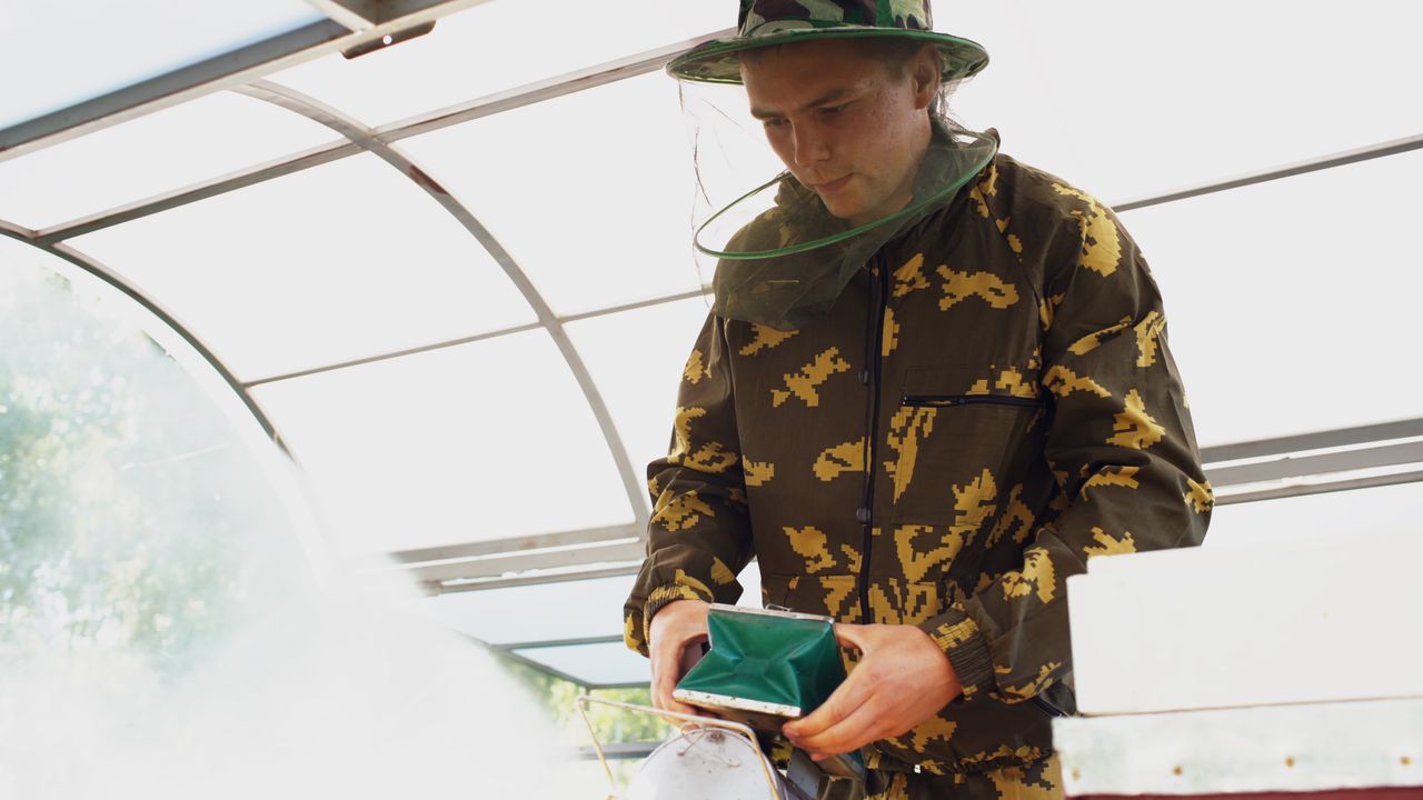 Beekeeper in camo suit tending to hive with smoker in greenhouse setting.