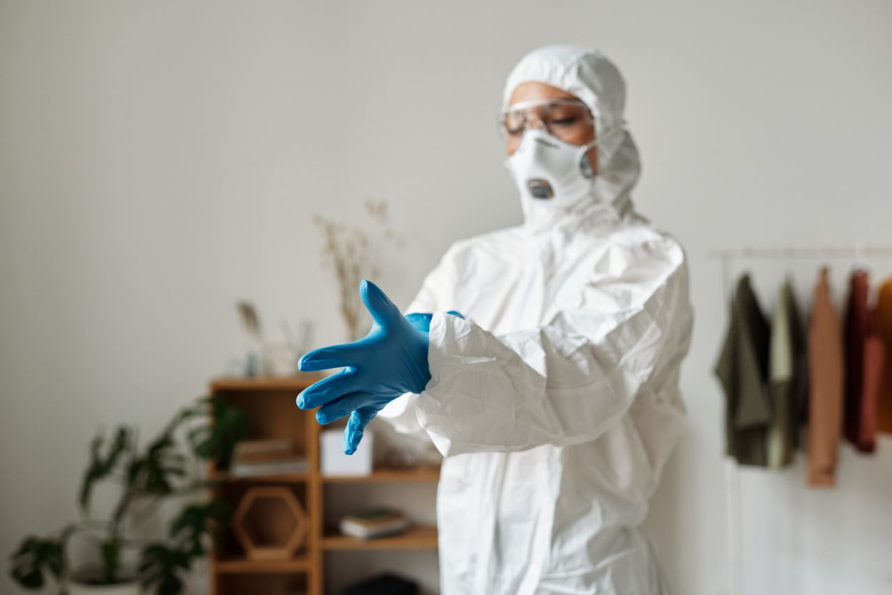 services-01 Health professional in full protective suit and gloves indoors, ensuring hygiene and safety.